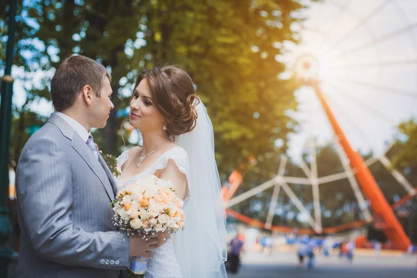 Menyasszony és a vőlegény átölelve, a parkban — Stock Fotó