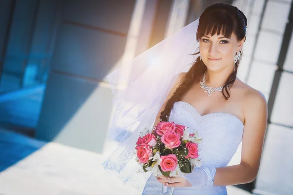 Sposa su uno sfondo blu edificio moderno — Foto Stock