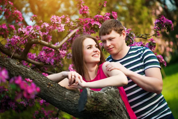 Lyckliga älskande par kramas blommande äppelträdgård — Stockfoto