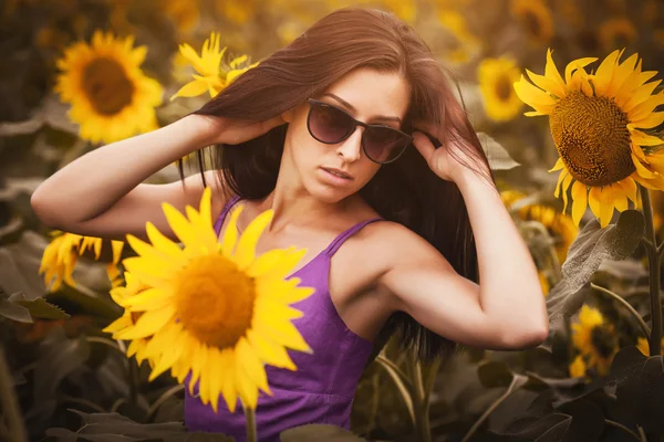Söt flicka i en solros fält — Stockfoto