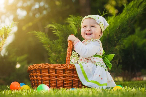 Bebé en la cesta en el parque verde — Foto de Stock