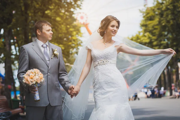 Bride and groom are sitting in the park — Stock Photo, Image