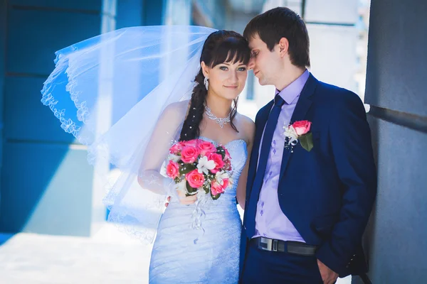 Newlyweds against a blue modern building — Stock Photo, Image