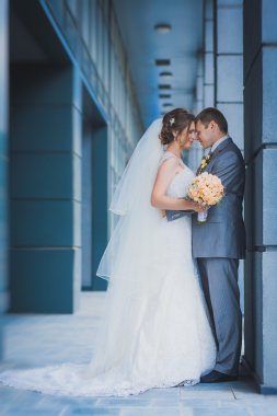 mutlu yeni evliler karşı modern bir binada sarılıyorlar