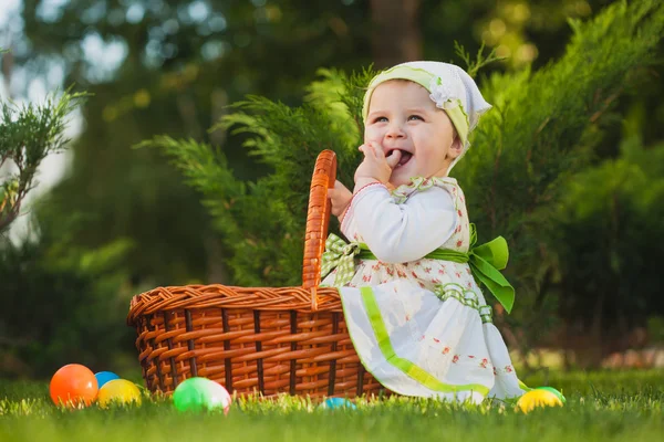 Niedliches Baby im Korb im grünen Park — Stockfoto