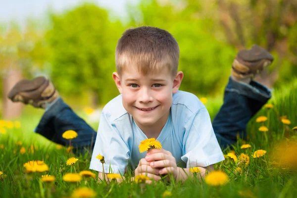 Rapaz com dentes-de-leão num parque verde. Verão — Fotografia de Stock