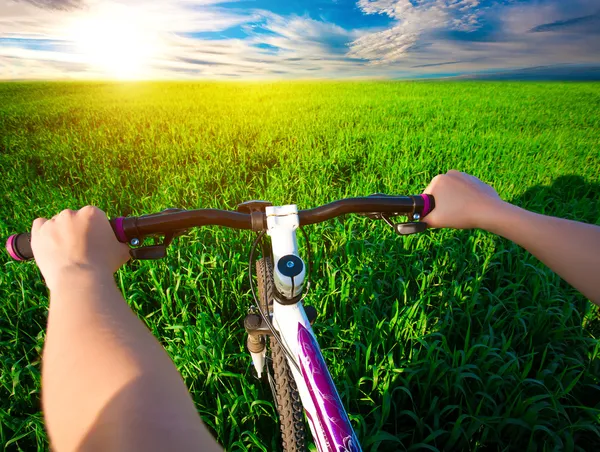 Fietser in groene veld op een fiets. reizen — Stockfoto