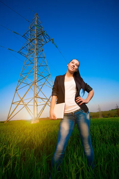 Cute woman in a green field with a laptop. power lines — Stock Photo, Image