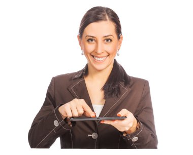 tablet ile güzel bir iş kadını. izole