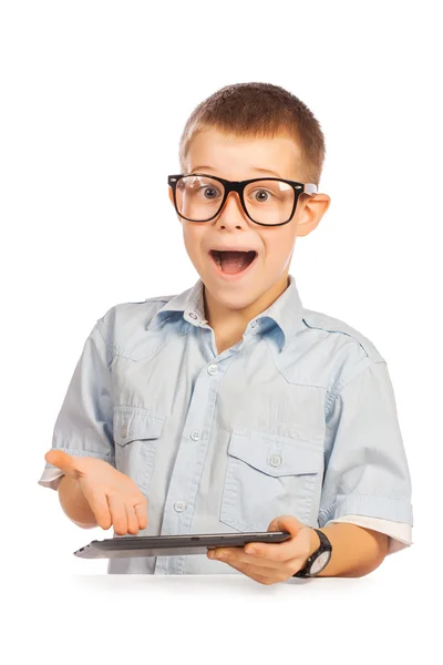 Happy boy with tablet. isolated — Stock Photo, Image