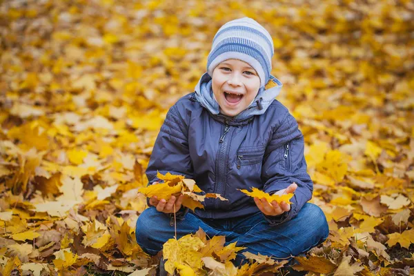 Niño feliz sobre un fondo de hojas de otoño —  Fotos de Stock