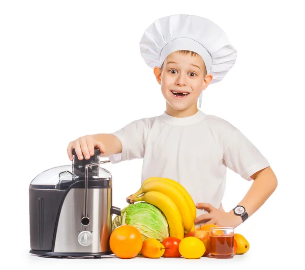 Happy Scullion is pressing the juice from the fruit — Stock Photo, Image