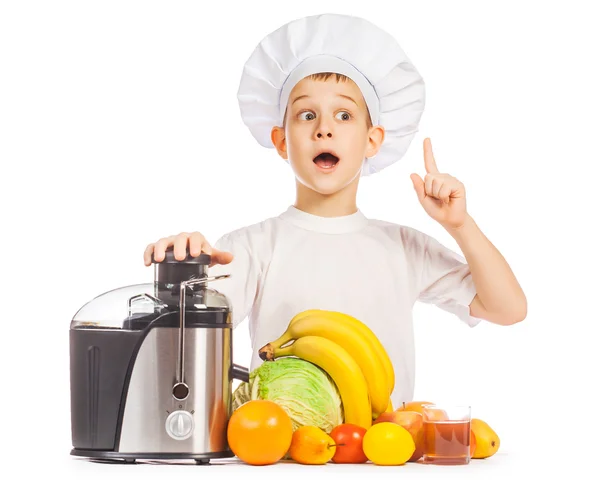 Happy Scullion is pressing the juice from the fruit — Stock Photo, Image