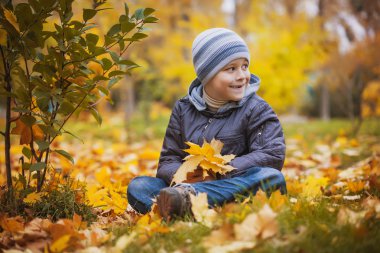 Happy kid on a background of autumn leafs