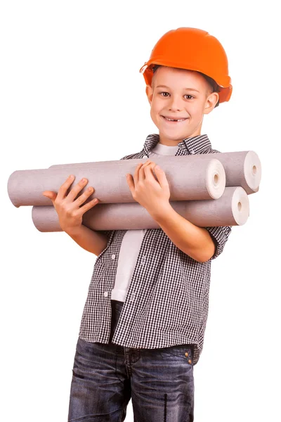 Criança com um rolo de papel de parede e escova. isolado — Fotografia de Stock