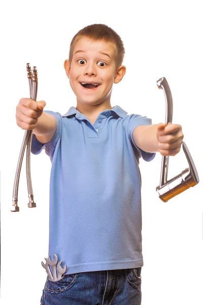 Funny boy plumber with faucet on a white — Stock Photo, Image