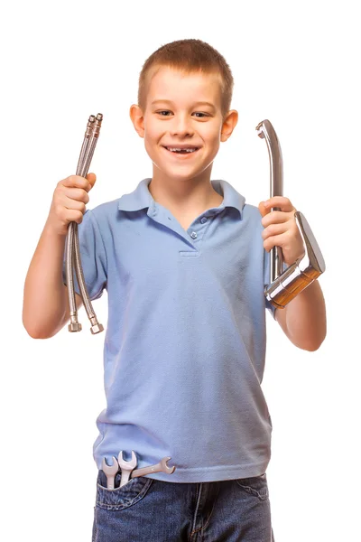 Funny boy plumber with faucet on a white — Stock Photo, Image