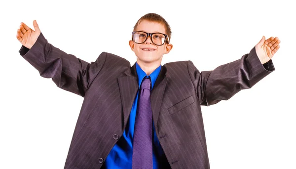 Gelukkige jongen zakenman in grote pak. geïsoleerd — Stockfoto