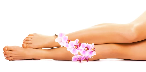 Weibliche Beine mit Orchideenblüte auf weiß — Stockfoto