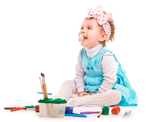 Cheerful child is drawing. isolated — Stock Photo, Image