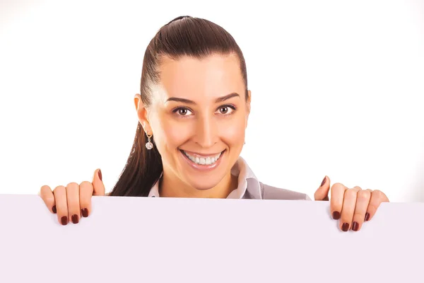 Menina bonito com um banner isolado no branco — Fotografia de Stock