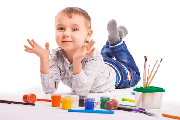 Cheerful child is drawing. isolated — Stock Photo, Image