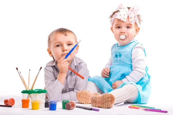 Cheerful kids are drawing. isolated — Stock Photo, Image