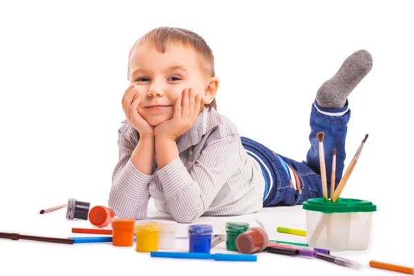 Cheerful child is drawing. isolated — Stock Photo, Image