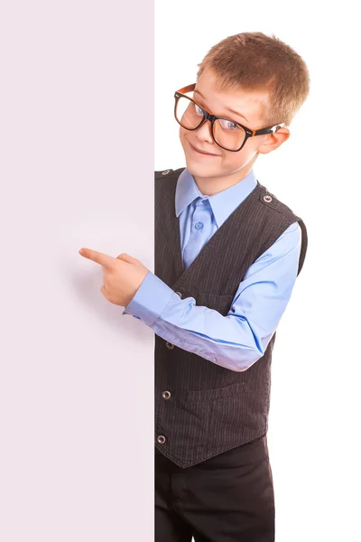Four-eyes Boy holding a banner isolated on white — Stock Photo, Image