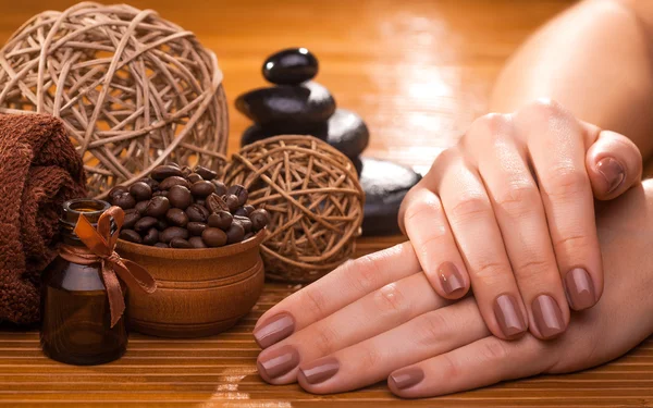 Mooi bruin manicure op een bamboe-achtergrond — Stockfoto