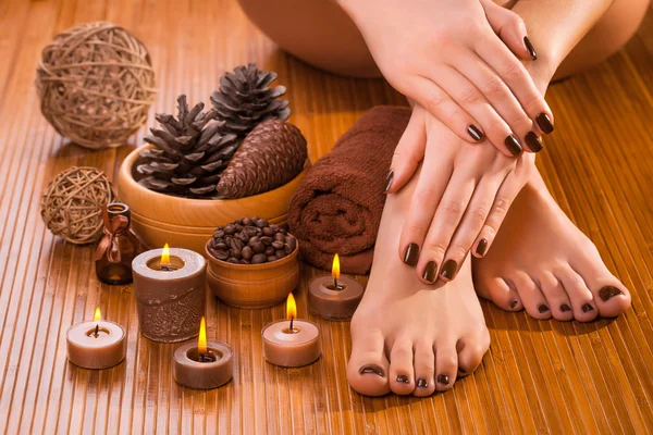 Brown manicure and pedicure on the white — Stock Photo, Image