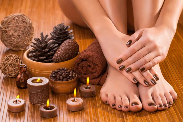 Manicure marrone e pedicure sul bianco — Foto Stock