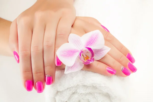 Schöne Maniküre mit rosa Orchidee auf der weißen — Stockfoto