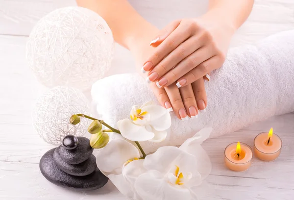 Belas mãos com manicure e flor de orquídea wnite — Fotografia de Stock