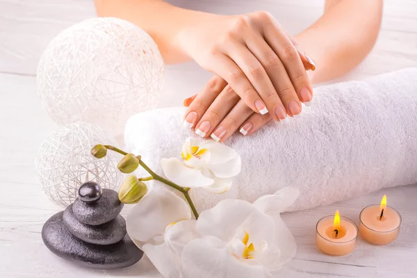 Belas mãos com manicure e flor de orquídea wnite — Fotografia de Stock