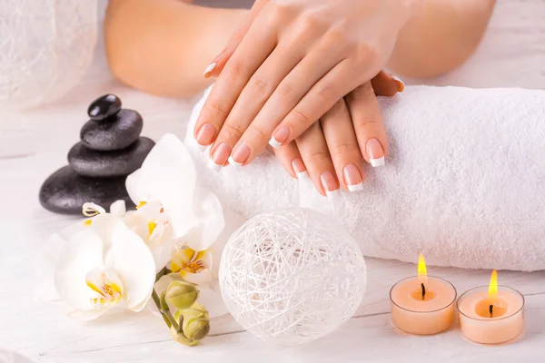 French manicure and wnite orchid flower — Stock Photo, Image