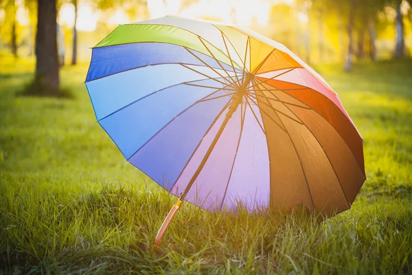 Guarda-chuva arco-íris no fundo de grama verde — Fotografia de Stock