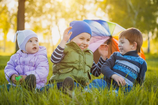 Gelukkige jonge geitjes hebben plezier in de openlucht park — Stockfoto