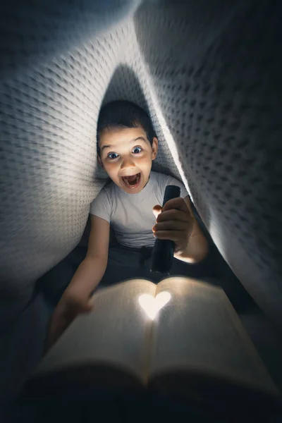 Criança feliz deitado na cama sob cobertor segurando lanterna e livro de leitura tarde da noite — Fotografia de Stock