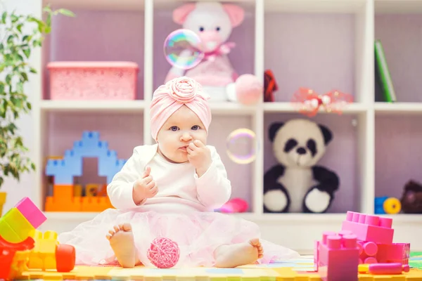 Happy Baby Pink Dress Playing Colourful Building Blocks Home Kindergarten — Stockfoto
