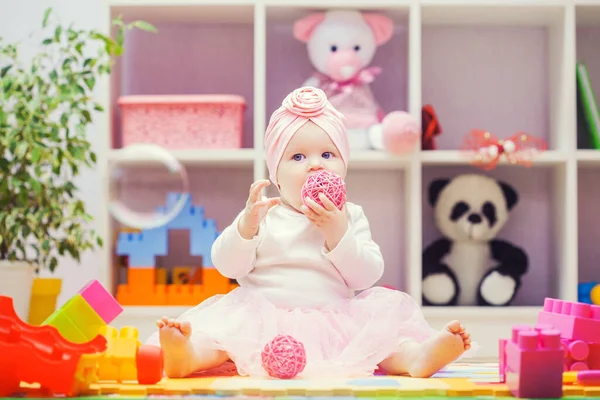 Happy Baby Pink Dress Playing Colourful Building Blocks Home Kindergarten — Stok fotoğraf