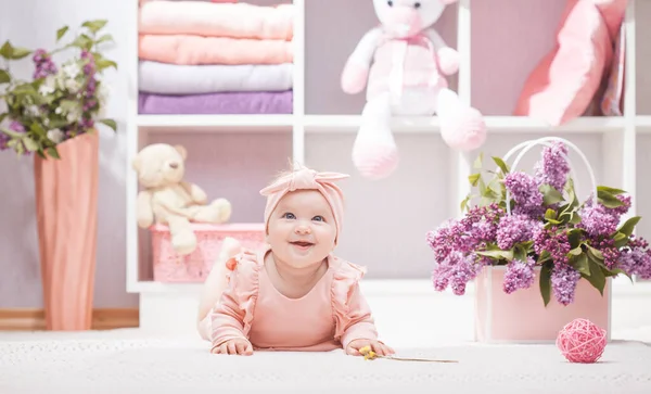 Happy Baby Pink Dress Lilac Flowers Home Kindergarten — Stok fotoğraf