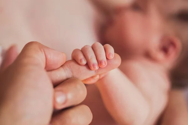 Fingers Newborn Mothers Hand Background Breastfeeding Close — ストック写真