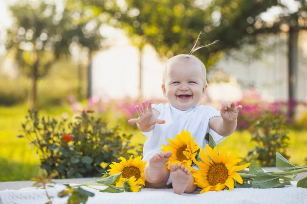 Cute One Year Old Baby Girl Blooming Garden Bouquet Sunflowers — Stok fotoğraf