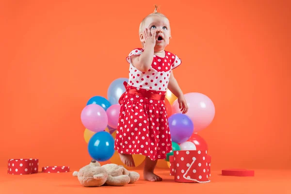 Crying Baby Girl Red Dress Upset Birthday Gifts Studio Photo — Photo