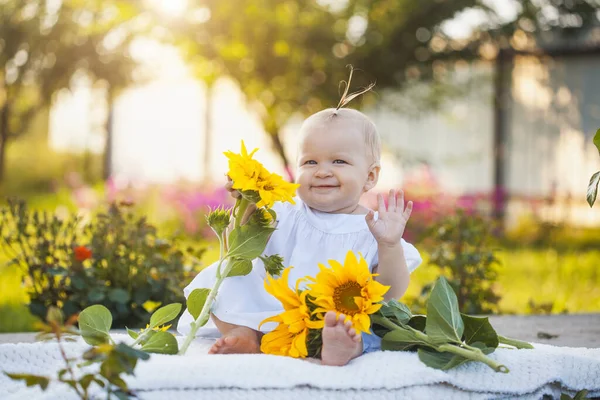 Cute One Year Old Baby Girl Blooming Garden Bouquet Sunflowers — Foto Stock