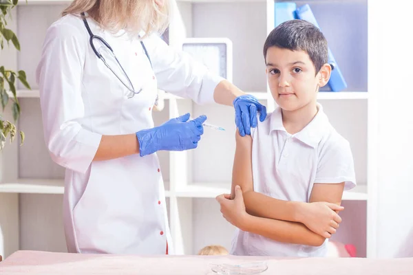 Vaccination Children Little Boy Woman Doctor Appointment Injection Arm — Stock Photo, Image