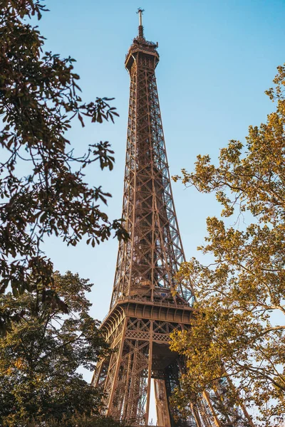 Πύργος Του Άιφελ Δέντρα Ενάντια Στον Ουρανό Στο Παρίσι Γαλλία — Φωτογραφία Αρχείου
