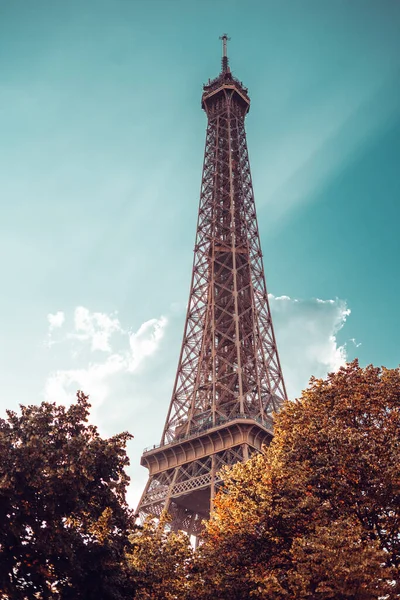 Eiffel Torony Fákkal Ellen Párizsban Franciaországban — Stock Fotó