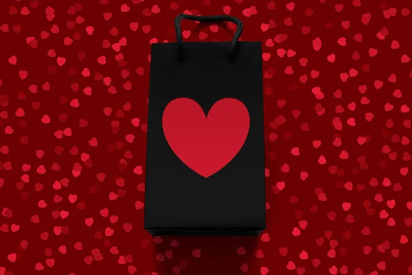 Πολυτελής Τσάντα Αγορών Μια Καρδιά Κατά Κόκκινο Τραπέζι Γεμάτο Κομφετί — Φωτογραφία Αρχείου
